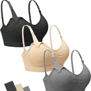 Set of Three Wireless Maternity Bras in Black, Beige, and Gray